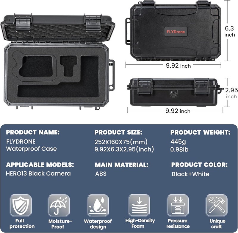 Fly Drone حافظة مقاومة للماء لكاميرا GoPro Hero 13/12/11/10/9، متوافقة مع Media Mod/Volta/Light Mod، منظمة تخزين سفر مضادة للصدمات مع 2 بطاريات وأقسام ملحقات - Image 3